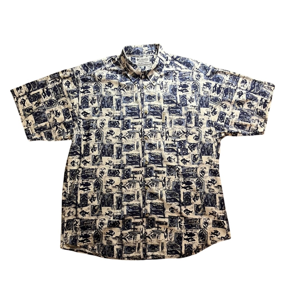 Columbia Mens Hawaiian Large Blue Fish Print Button Down Shirt Outdoor